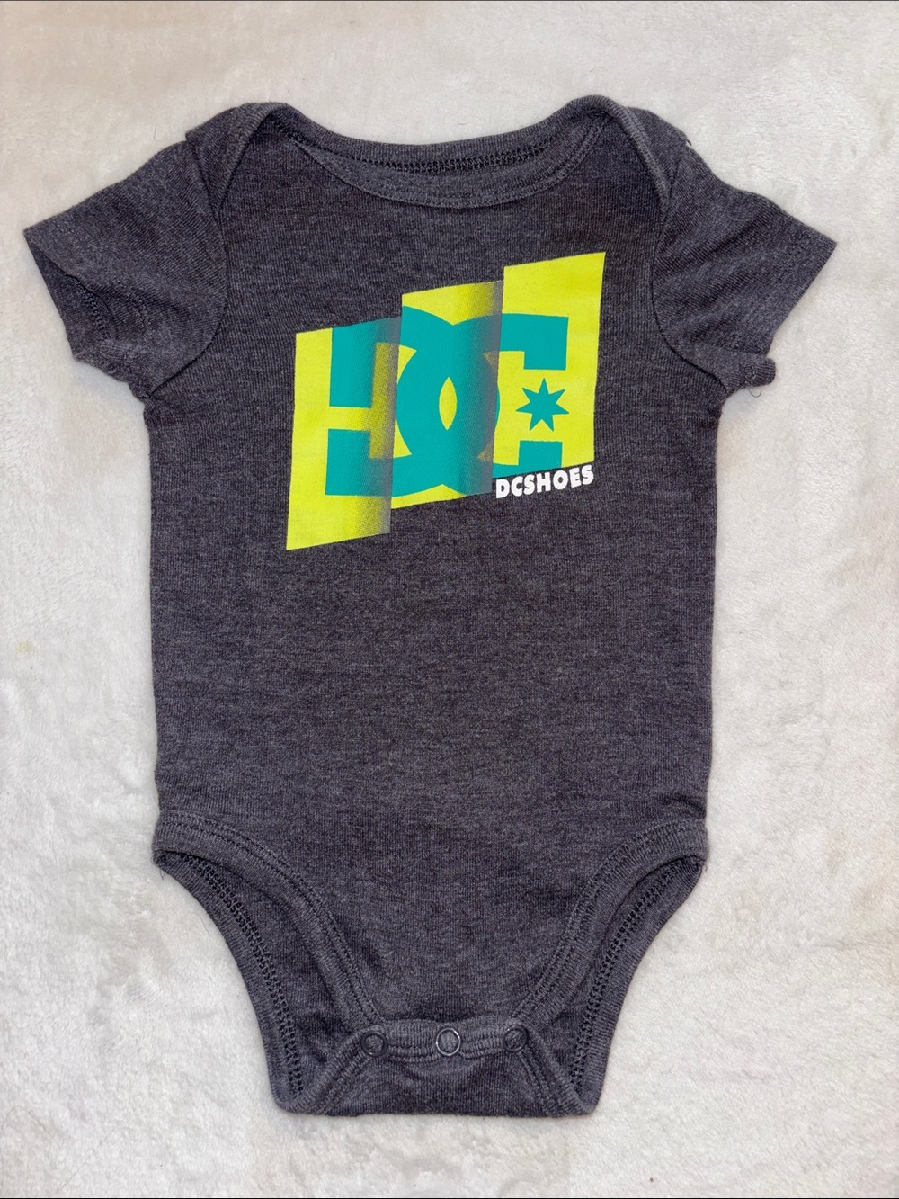 (3 for $10) DC Gray Baby Bodysuit with Teal and Yellow Logo 0-3 month baby boy